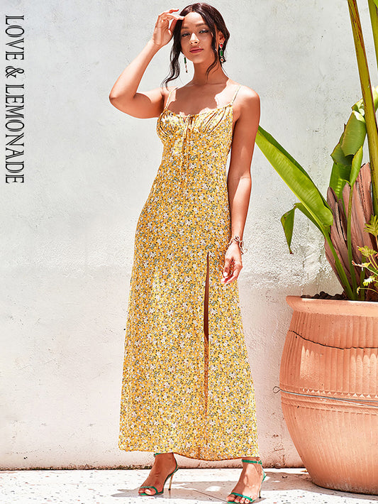 LOVE&amp;LEMONADE Casual Square Neck Yellow Floral Sleeveless Open Back Split A-Line Beach Spring Maxi Dress LM83513