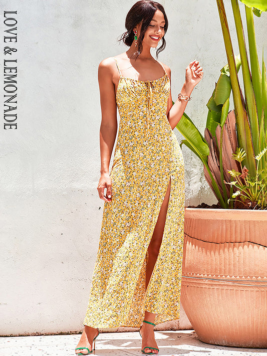 LOVE&amp;LEMONADE Casual Square Neck Yellow Floral Sleeveless Open Back Split A-Line Beach Spring Maxi Dress LM83513