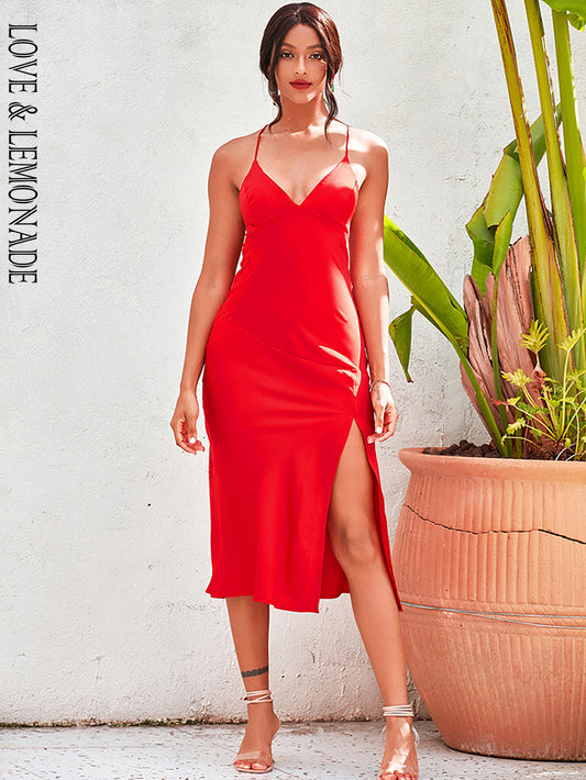 LOVE&amp;LEMONADE Casual Tube Top Deep V Neck Red Belly Open Back Split A-Line Party Midi Dress MD02349