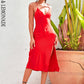 LOVE&amp;LEMONADE Casual Tube Top Deep V Neck Red Belly Open Back Split A-Line Party Midi Dress MD02349