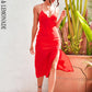 LOVE&amp;LEMONADE Casual Tube Top Deep V Neck Red Belly Open Back Split A-Line Party Midi Dress MD02349