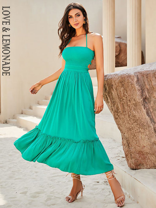 LOVE&amp;LEMONADE  Casual Tube Top Strap Green Waist A-Line Spring And Summer Beach Mid-Length Dress LM83559