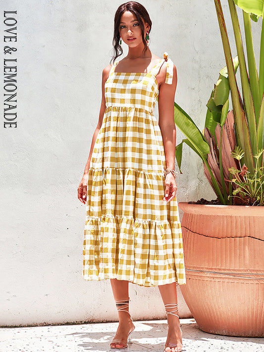 LOVE&amp;LEMONADE Casual Tube Top Strap Square Collar Yellow Plaid A-Line Spring And Summer Beach Mid-Length Dress WD02025