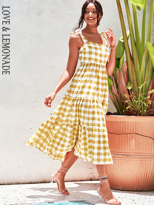 LOVE&amp;LEMONADE Casual Tube Top Strap Square Collar Yellow Plaid A-Line Spring And Summer Beach Mid-Length Dress WD02025