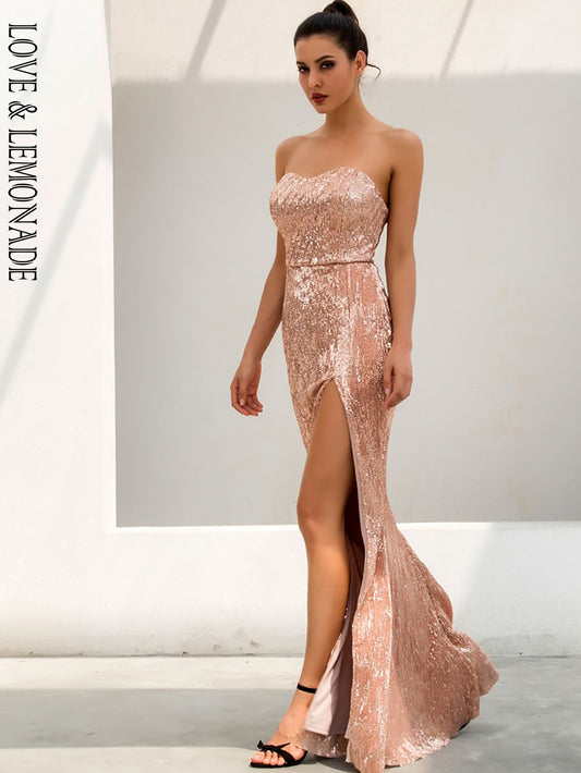 LOVE&amp;LEMONADE  Champagne Tube Top Cut Out Fish Tail Shaped Elastic Sequin Material Long Dress LM81142