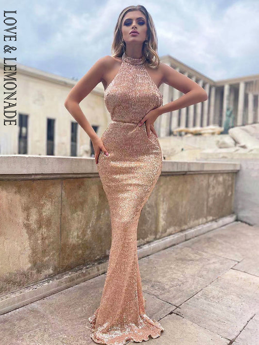 LOVE&amp;LEMONADE   Collar Open Back Fold Elastic Sequins Long Dresses 4 Colors LM80492