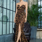 LOVE &amp; LEMONADE  Deep V Neck Cross Brown Leopard Chiffon Slim Long Dress LM81352 Summer Dress