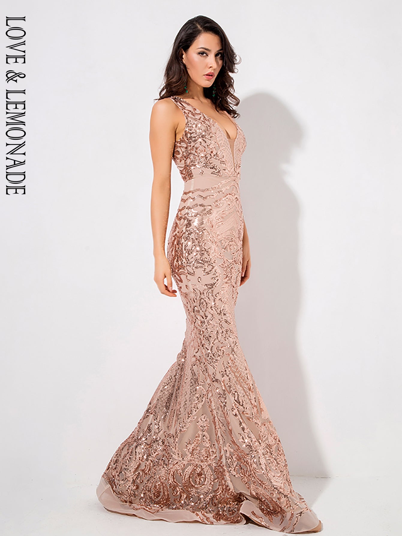 LOVE&amp;LEMONADE Deep V-Neck Rose Gold Geometric Sequins Mesh Lining Sleeveless  Dress LM81336