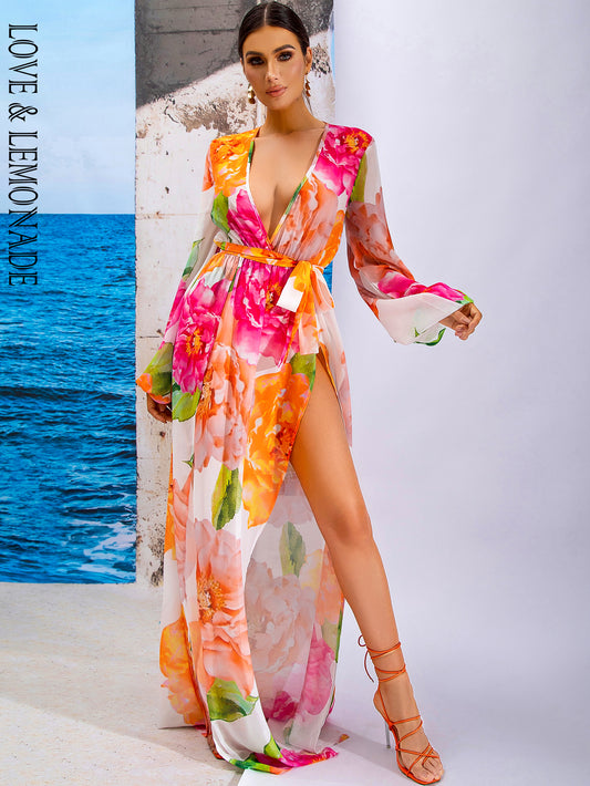 LOVE&amp;LEMONADE Deep V-Neck Split A-Line Print Spring And Summer Perspective Long-Sleeved Party Maxi Dress LM83186-1