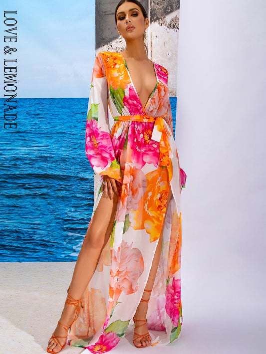 LOVE&amp;LEMONADE Deep V-Neck Split A-Line Print Spring And Summer Perspective Long-Sleeved Party Maxi Dress LM83186-1