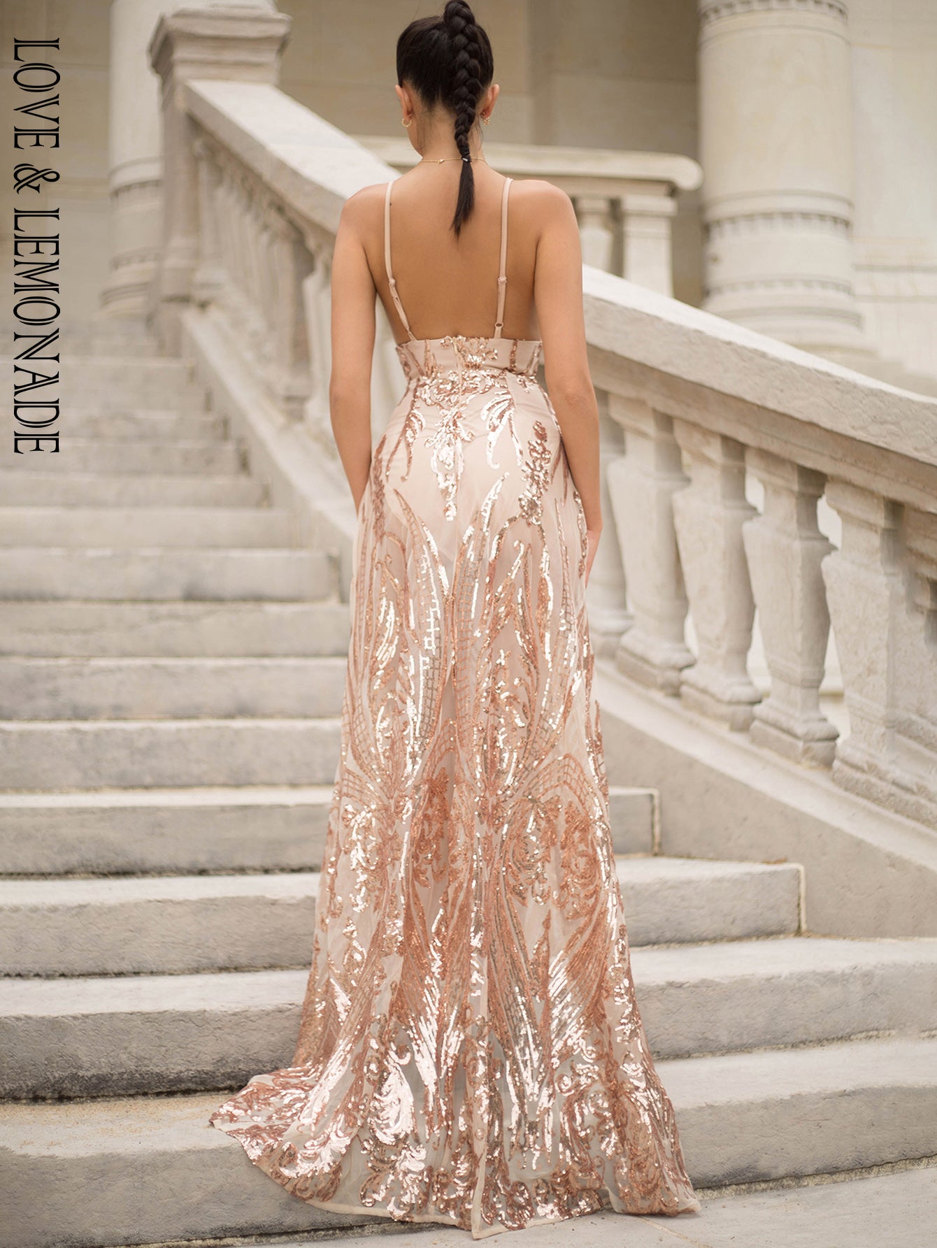 LOVE&amp;LEMONADE  Gold Deep V-Neck Open Back Cut Out Sequins Long Dress LM80343