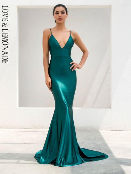 LOVE&amp;LEMONADE Green Deep V-Neck Open Back Slim Flash Material Maxi Dress LM81222