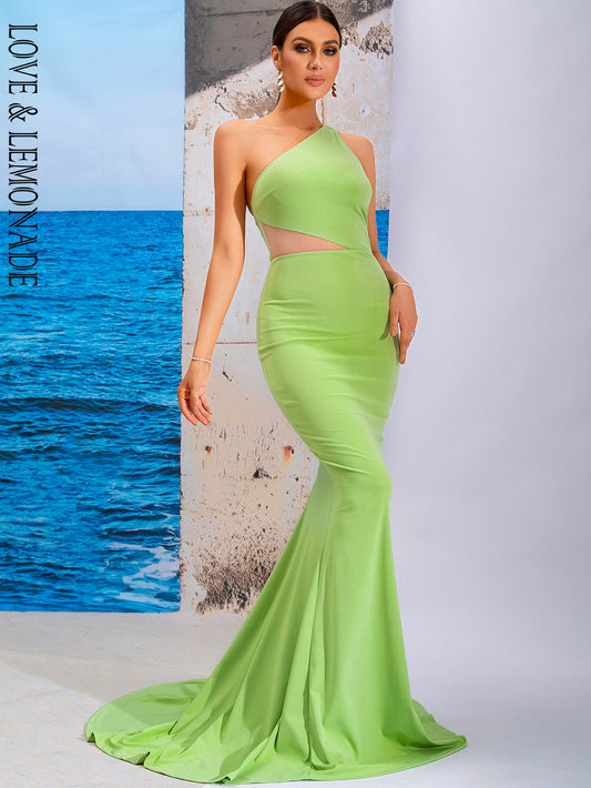 LOVE&amp;LEMONADE Green Sexy Sleeveless Sloping Shoulder Open Back Cutout Fishtail Shape Mopping Party Maxi Dress LM84313