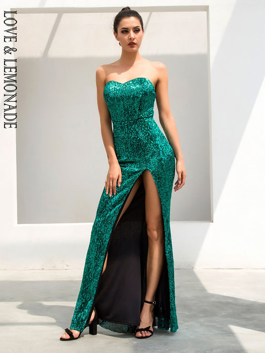 LOVE&amp;LEMONADE  Green Tube Top  Fish Tail Shaped Elastic Sequin Material Long Dress LM81142