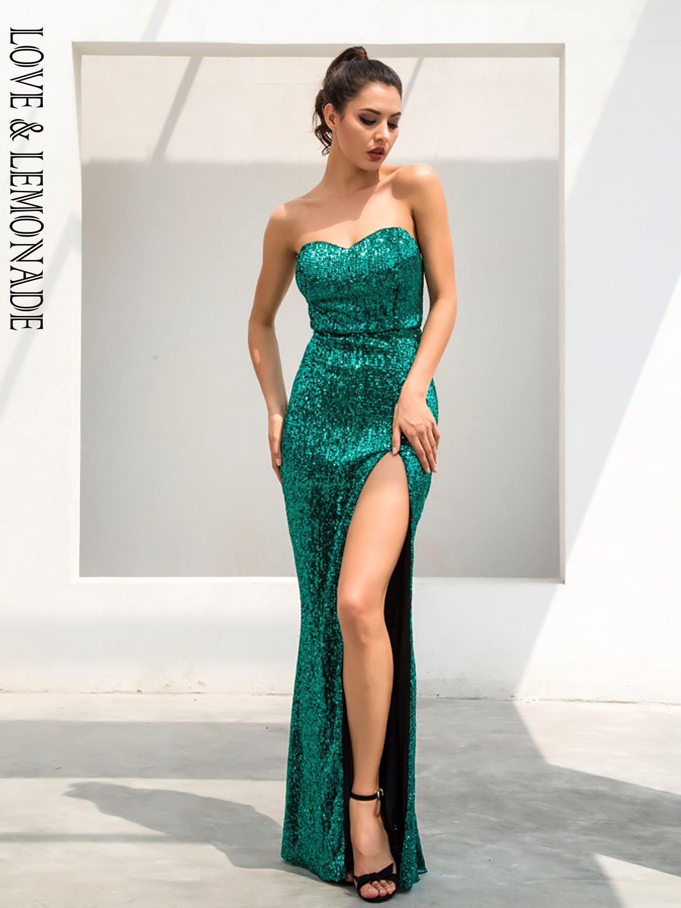 LOVE&amp;LEMONADE  Green Tube Top  Fish Tail Shaped Elastic Sequin Material Long Dress LM81142