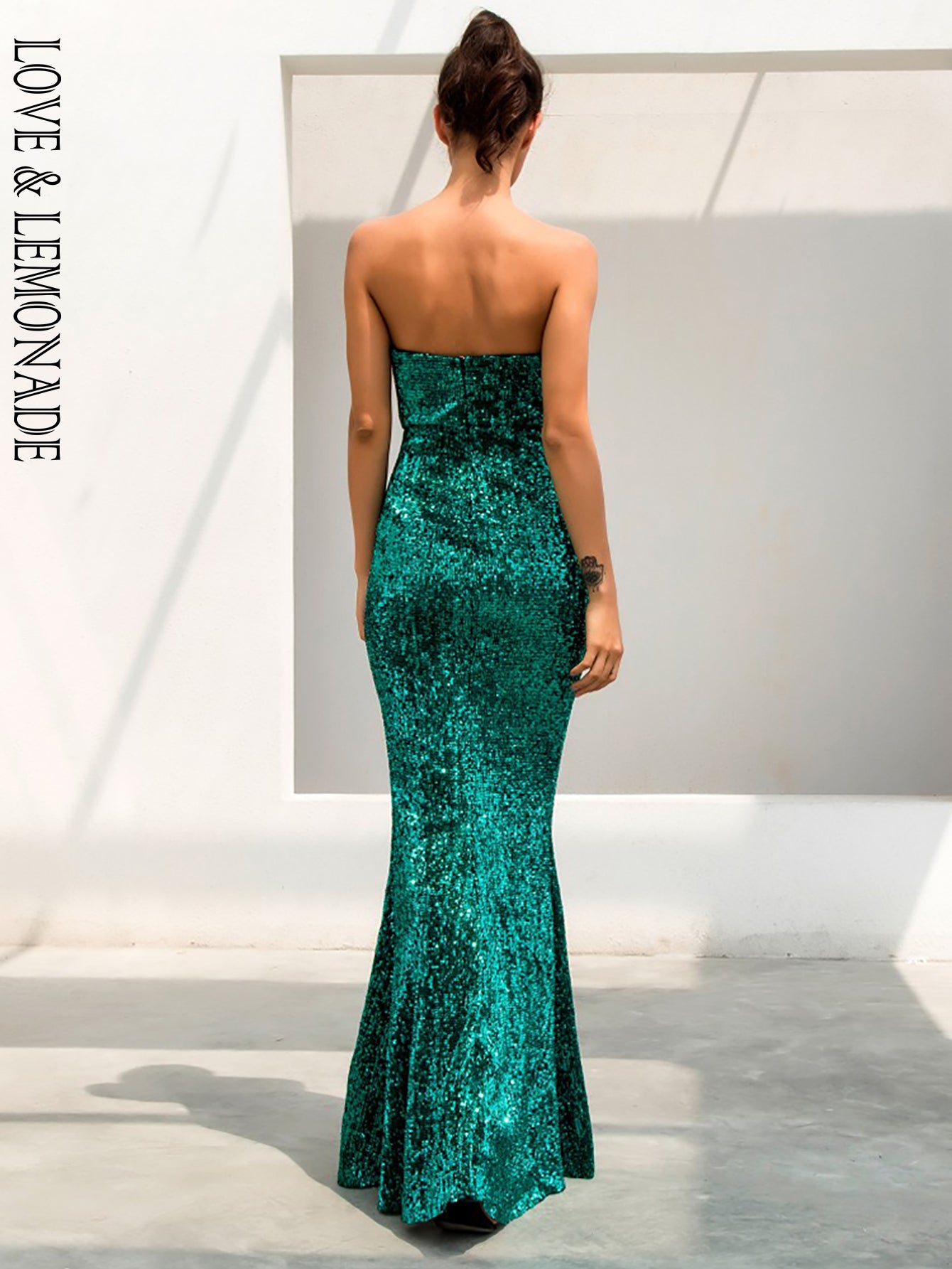 LOVE&amp;LEMONADE  Green Tube Top  Fish Tail Shaped Elastic Sequin Material Long Dress LM81142