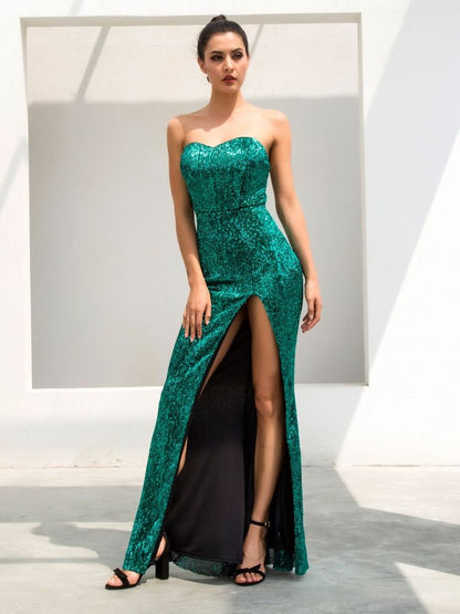 LOVE&amp;LEMONADE  Green Tube Top  Fish Tail Shaped Elastic Sequin Material Long Dress LM81142