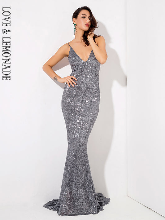 LOVE&amp;LEMONADE  Grey Deep V-Neck Open Back Elastic Sequin Material Party Long Dress LM80119