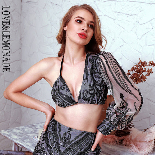 LOVE&amp;LEMONADE LOVE&amp;LEMONADE Black Geometric Pattern Sequins Asymmetrical Lantern Sleeves Short Strap Top LM83063T