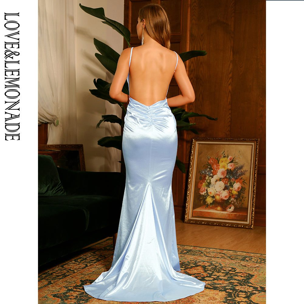 LOVE&amp;LEMONADE Light Blue Deep V-Neck Open Back Slim Flash Material Maxi Dress  LM81222