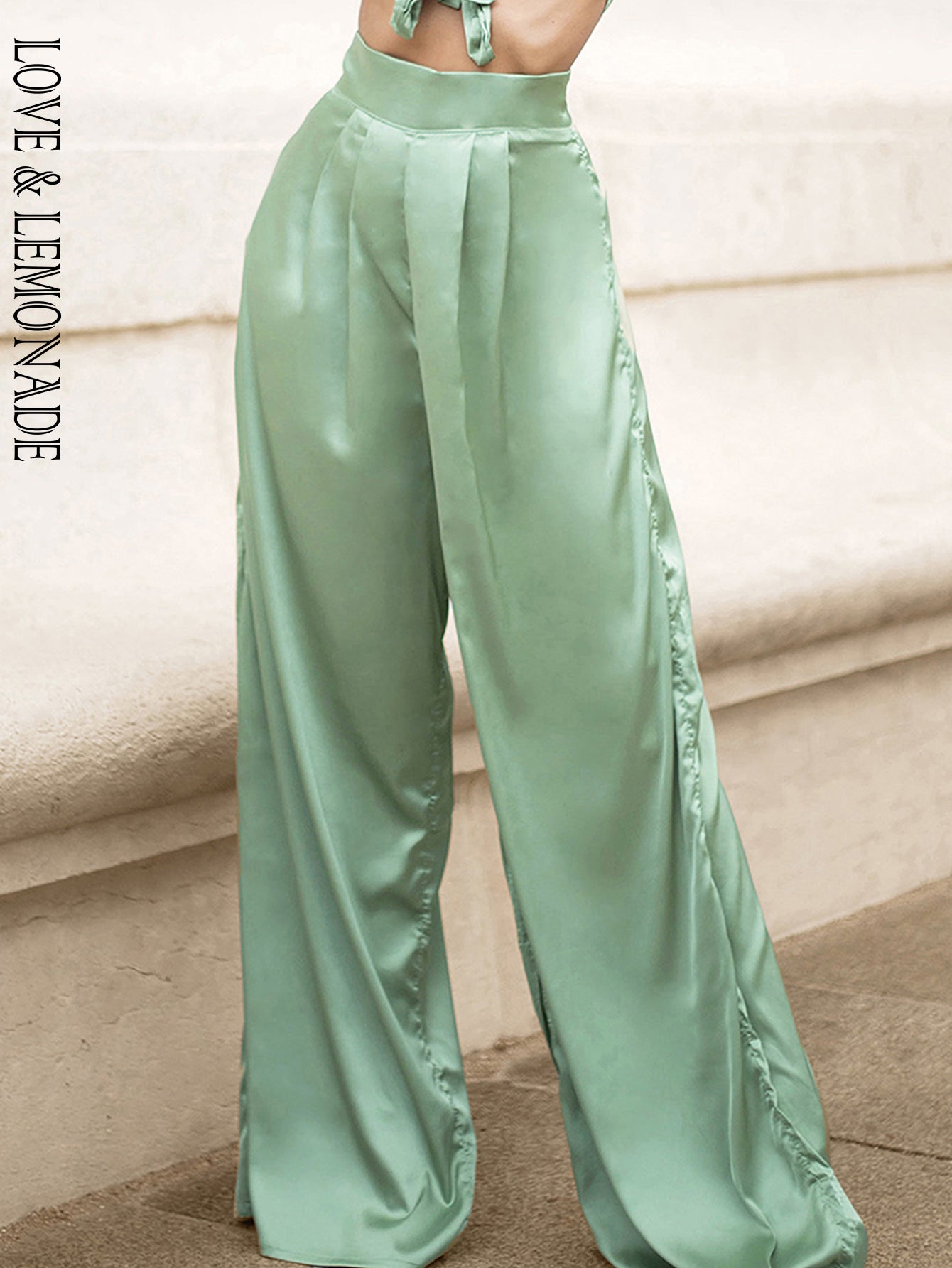 LOVE &amp; LEMONADE Light Green High Waist Wide Leg Loose Long Pants Spring LM82199-PANTS