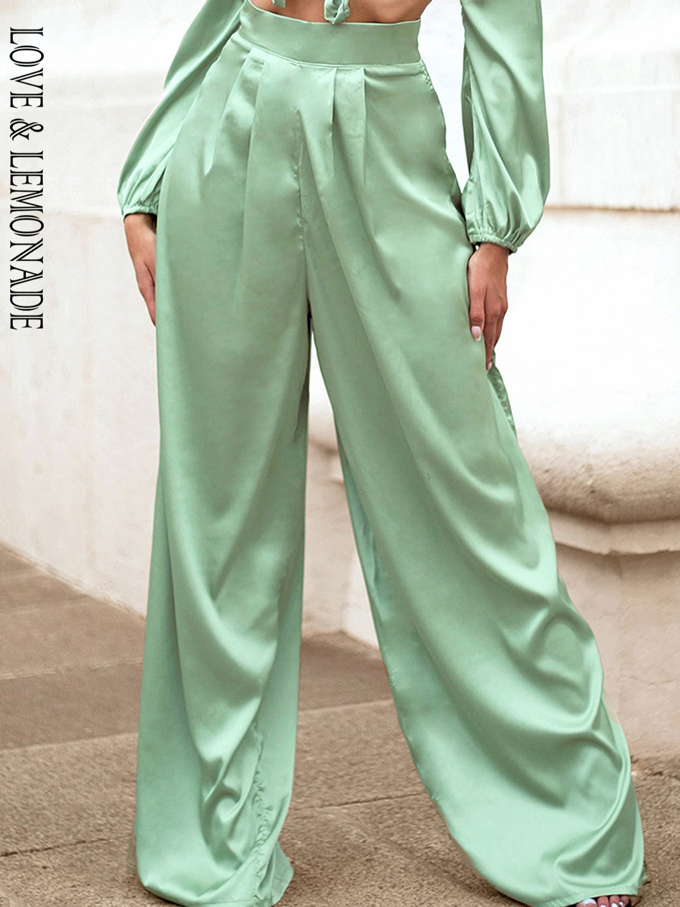 LOVE &amp; LEMONADE Light Green High Waist Wide Leg Loose Long Pants Spring LM82199-PANTS