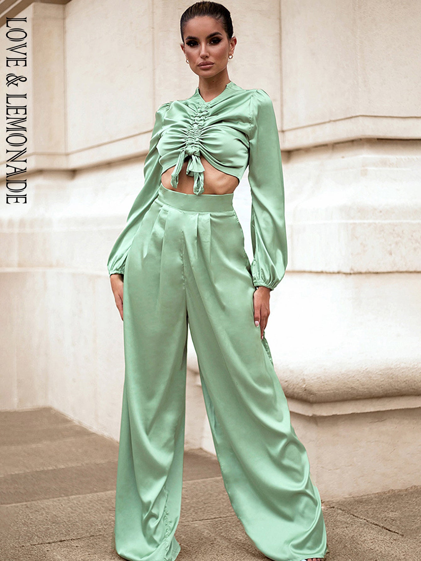 LOVE &amp; LEMONADE Light Green High Waist Wide Leg Loose Long Pants Spring LM82199-PANTS