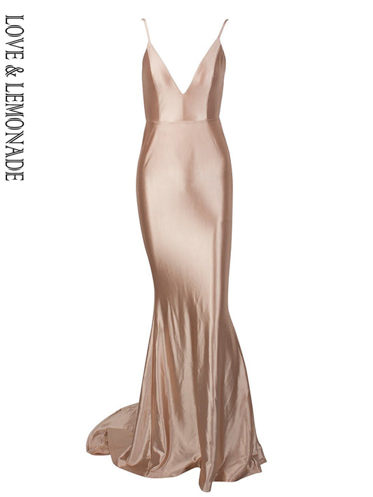 LOVE&amp;LEMONADE  Nude Deep V-Neck Open Back Slim Flash Material Long Dress  LM81222