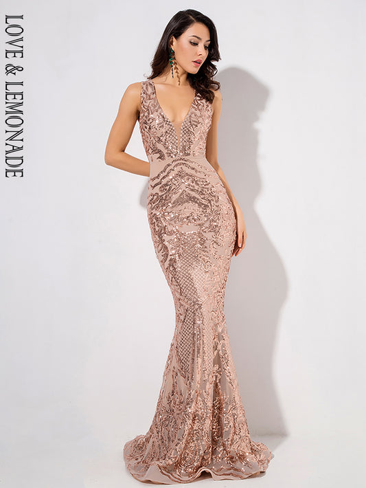 LOVE&amp;LEMONADE Off the Shoulder Geometric Sequins Bodycon Long Dress LM81343