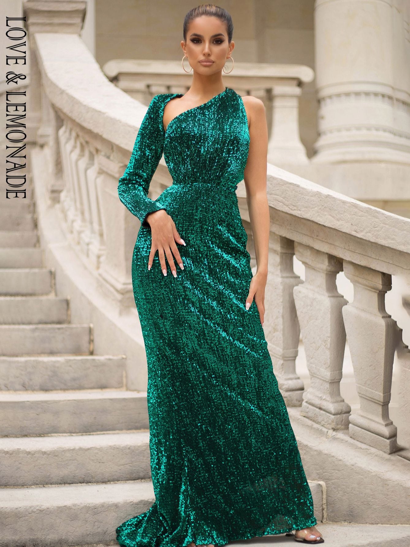 LOVE&amp;LEMONADE Open Back Separate Sleeve Elastic Sequins Long Dress LM81333-1