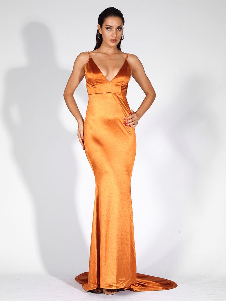 LOVE&amp;LEMONADE Orange Deep V-Neck Open Back Slim Long Dress LM81222