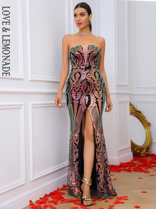 LOVE&amp;LEMONADE PIC Sexy V-Neck Wrap Chest Sleeveless Slit Sequin Geometric Party Maxi Dress LM84322