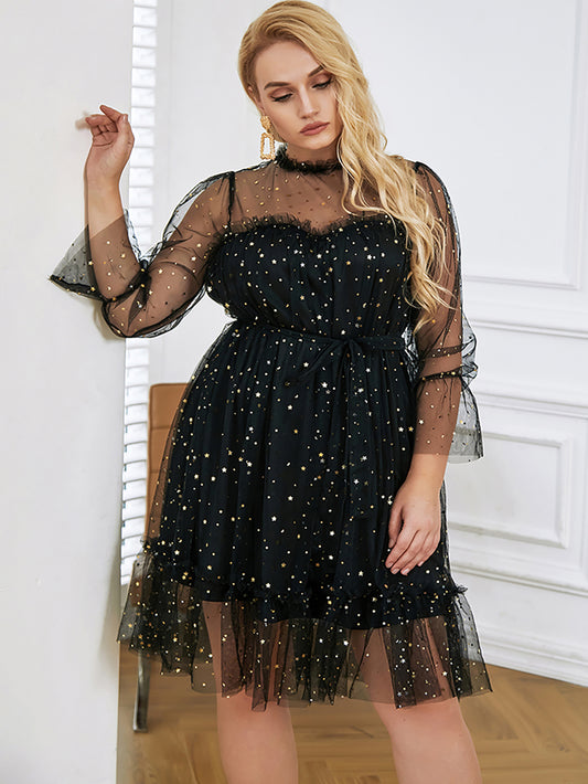 LOVE&amp;LEMONADE PLUS SIZE Black A-Line Star Net Bubble Long Sleeve Party Mini Dress LM82698P