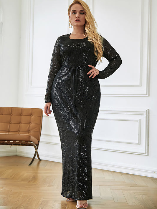 LOVE&amp;LEMONADE PLUS SIZE Sexy Black Round Neck Open Back Bodycon Long Sleeve Sequin Maxi Dress LM83661P