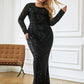 LOVE&amp;LEMONADE PLUS SIZE Sexy Black Round Neck Open Back Bodycon Long Sleeve Sequin Maxi Dress LM83661P