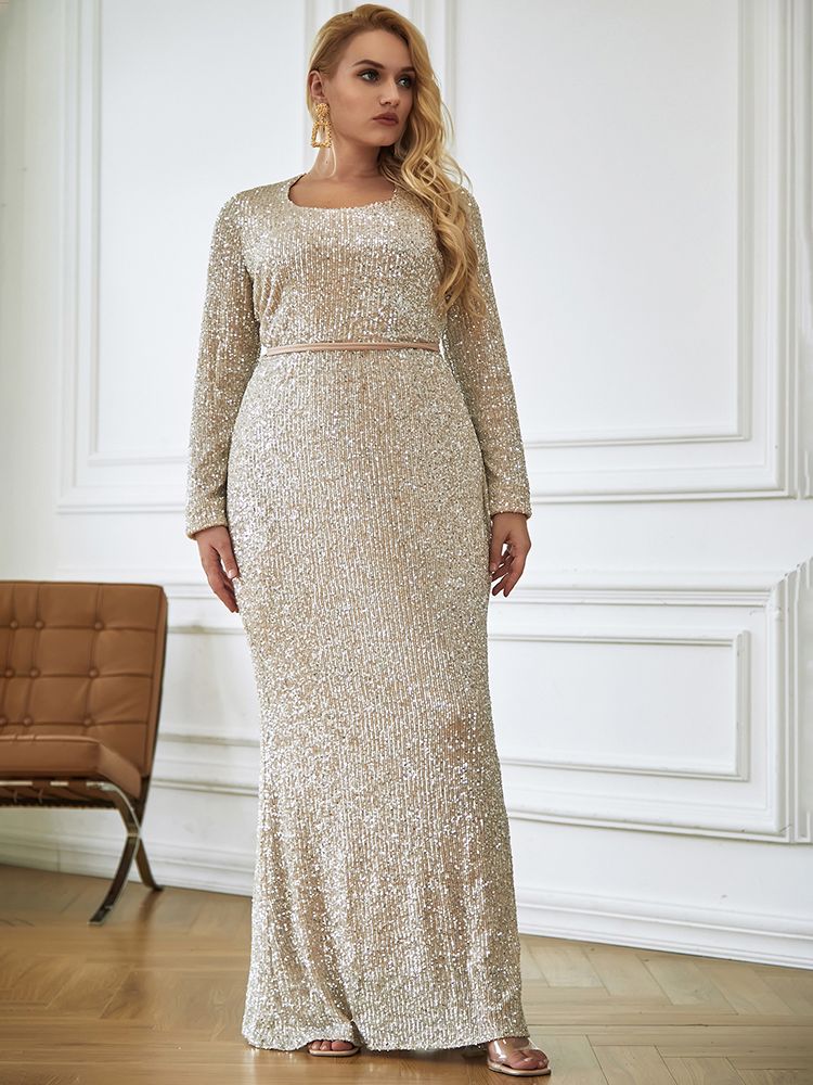 LOVE&amp;LEMONADE PLUS SIZE Sexy Black Round Neck Open Back Bodycon Long Sleeve Sequin Maxi Dress LM83661P