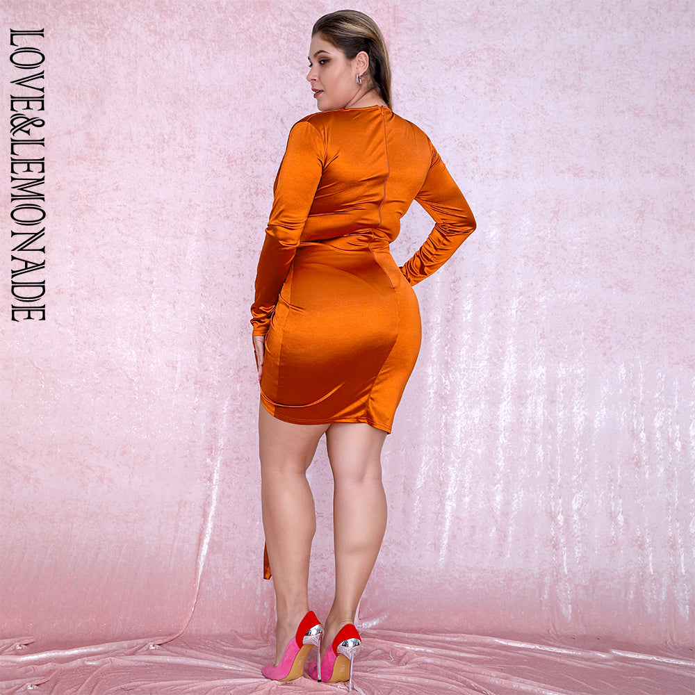 LOVE&amp;LEMONADE PLUS SIZE Sexy Orange V-Neck Shirring Streamer Decoration Bodycon Party Dress LM81639Plus