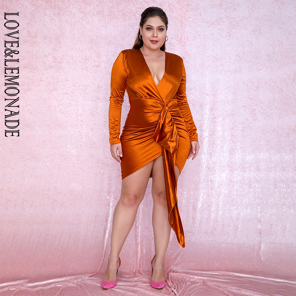 LOVE&amp;LEMONADE PLUS SIZE Sexy Orange V-Neck Shirring Streamer Decoration Bodycon Party Dress LM81639Plus