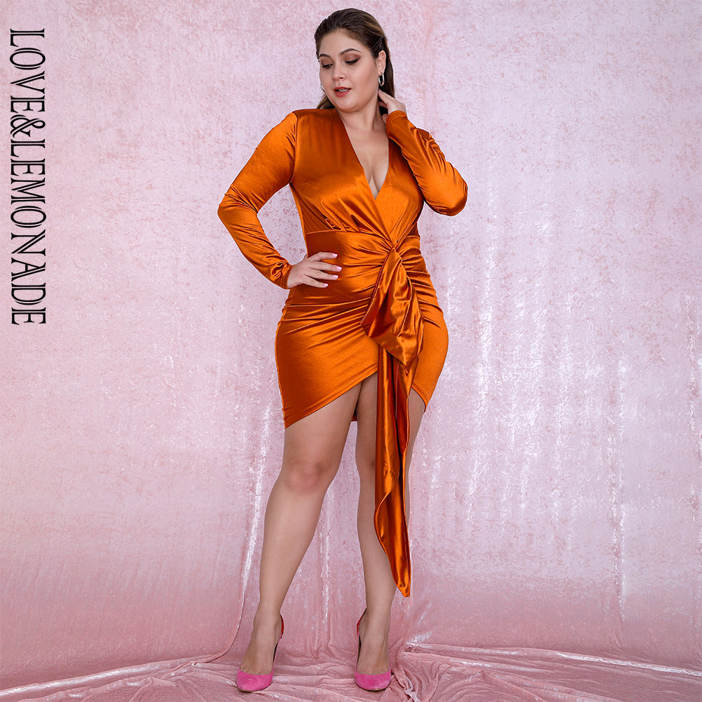 LOVE&amp;LEMONADE PLUS SIZE Sexy Orange V-Neck Shirring Streamer Decoration Bodycon Party Dress LM81639Plus