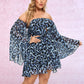 LOVE&amp;LEMONADE PLUS SIZE Sexy Tube Top Blue Leopard Print Chiffon Flared Long Sleeve A-Line Mini Dress LM30035PLUS