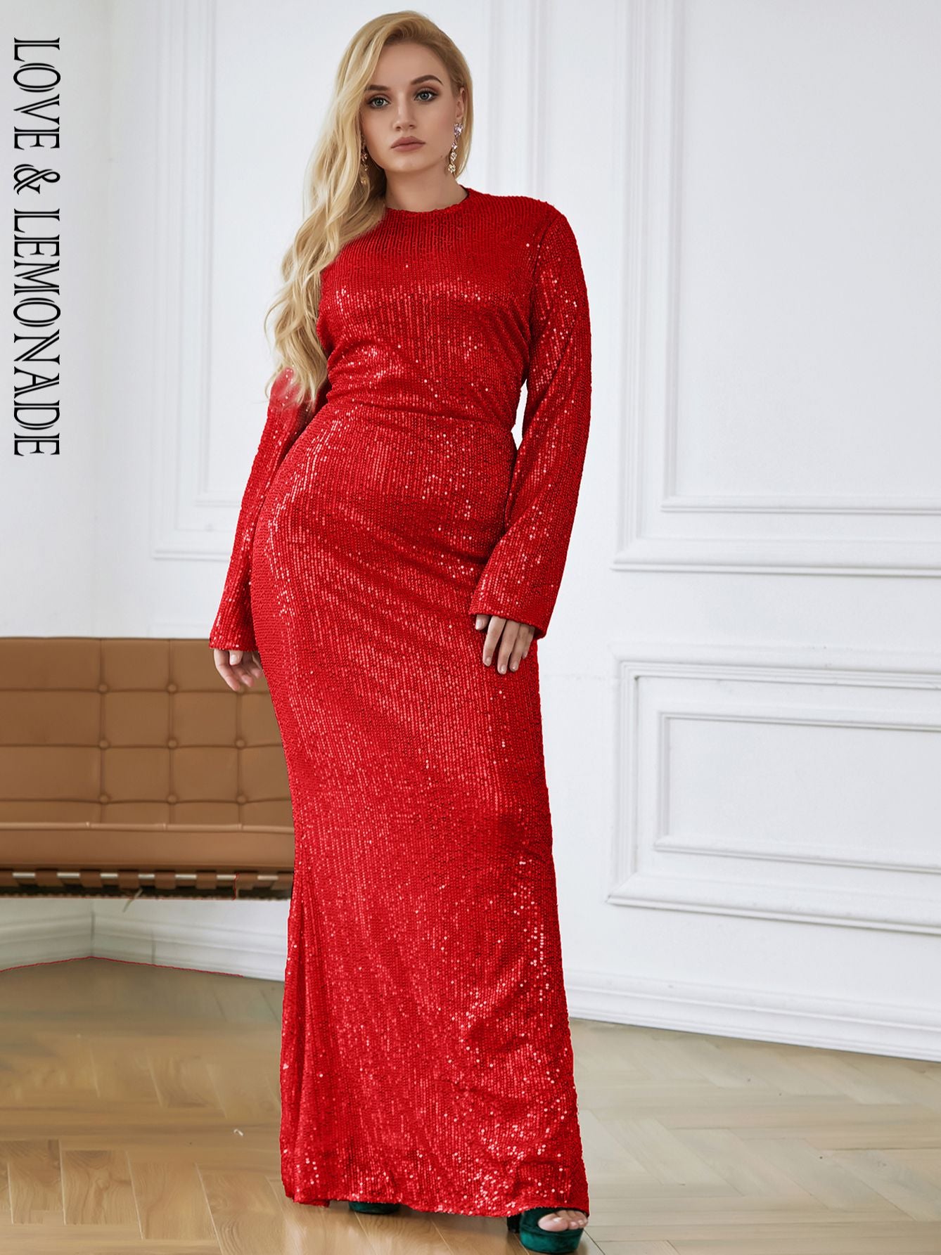 LOVE&amp;LEMONADE PLUS SIZERound Neck Black Elastic Sequin Bodycon Long Sleeve Autumn And Winter Maxi Dress LM81238-2PLUS