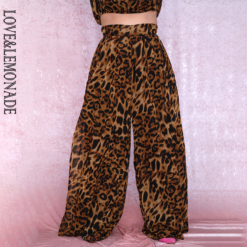 LOVE&amp;LEMONADE Plus Size Mid-Rise Leopard Chiffon Wide Leg Pants LM81498PLUS