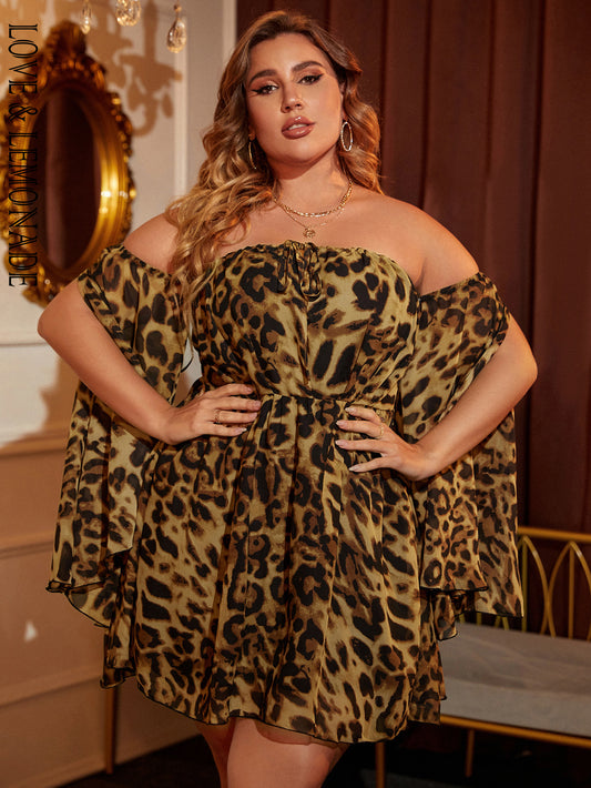 LOVE&amp;LEMONADE Plus Size Sexy Bandeau Brown Leopard Chiffon Flared Long Sleeve A-Line Mini Dress LM30035