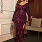 LOVE&amp;LEMONADE Plus Size Sexy Red Deep V Neck Long Sleeves Geometric Pattern Sequin Split A-Line Party Long Dress LM84250PLUS