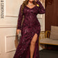 LOVE&amp;LEMONADE Plus Size Sexy Red Deep V Neck Long Sleeves Geometric Pattern Sequin Split A-Line Party Long Dress LM84250PLUS