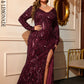 LOVE&amp;LEMONADE Plus Size Sexy Red Deep V Neck Long Sleeves Geometric Pattern Sequin Split A-Line Party Long Dress LM84250PLUS