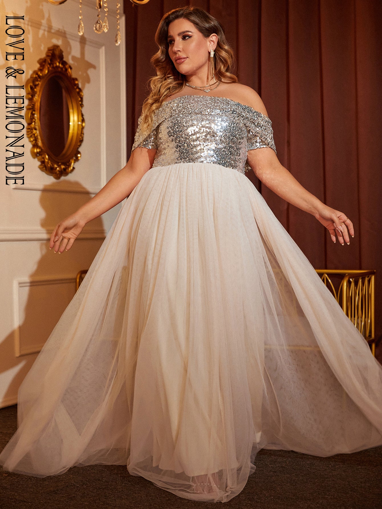 LOVE&LEMONADE Plus Size Sexy Silver Square Neck Off Shoulder Sleeveless Robe Sequin Mesh Sheer Party Dress LM84398PLUS