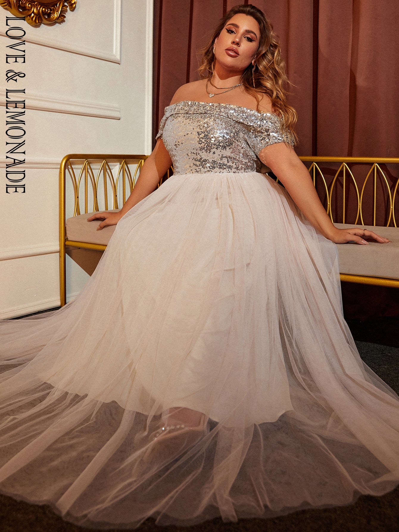 LOVE&LEMONADE Plus Size Sexy Silver Square Neck Off Shoulder Sleeveless Robe Sequin Mesh Sheer Party Dress LM84398PLUS