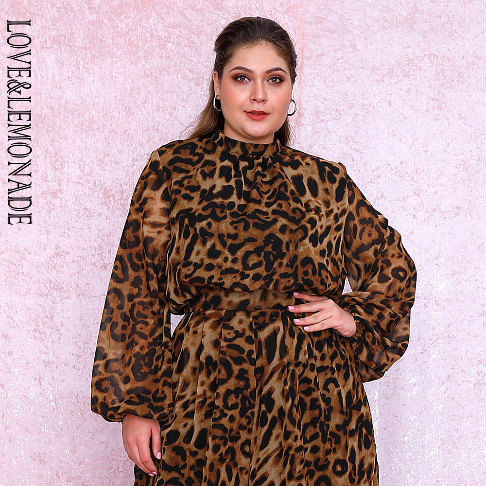 LOVE&amp;LEMONADE Plus Size Stand Lantern Sleeve Leopard Chiffon Blouse LM81500PLUS