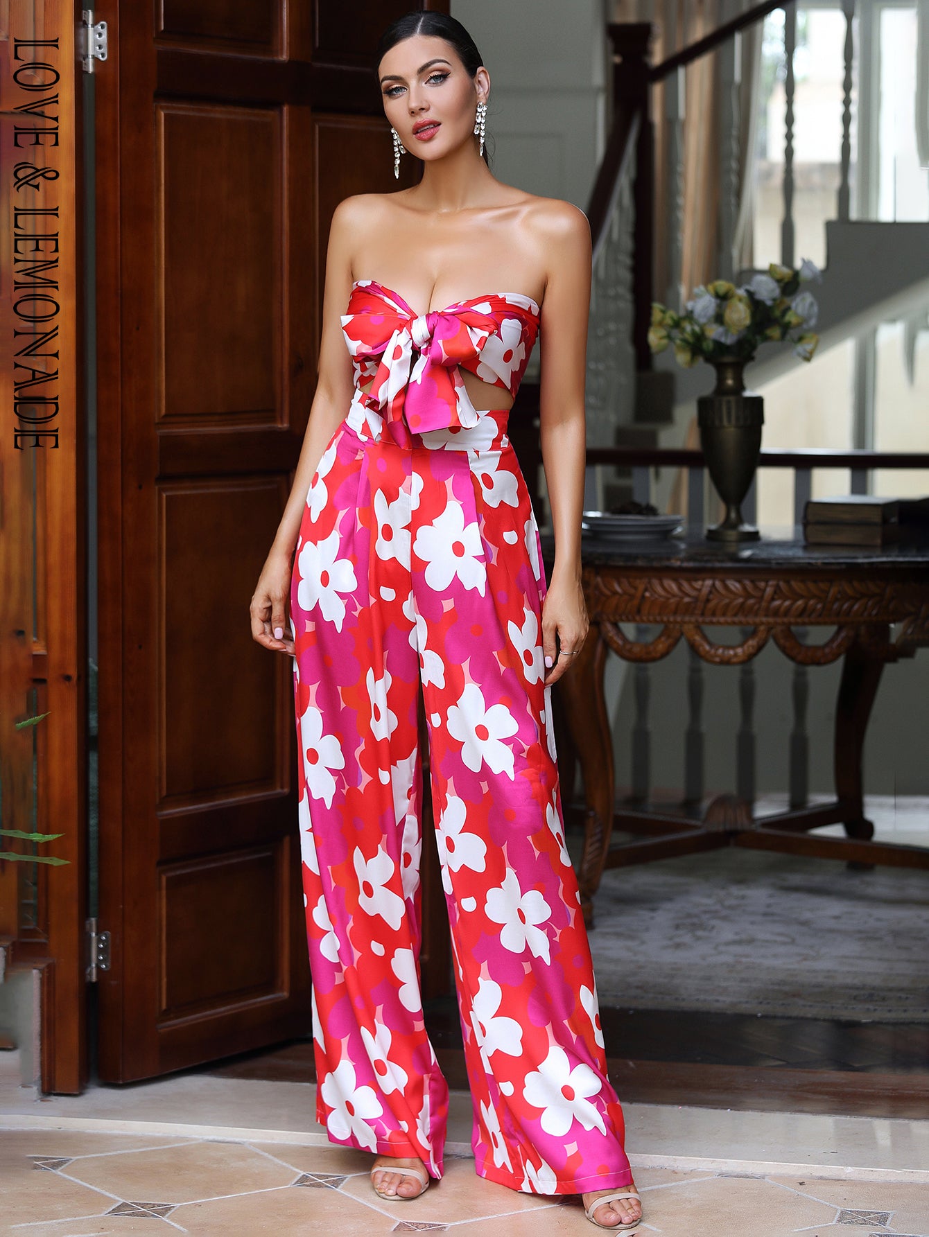 LOVE&amp;LEMONADE Red Printed Open-Back Two-Piece High-Rise Flared Pants Set  LM84223